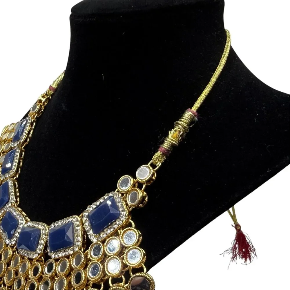 Chunky Bib Mirror Statement Necklace Acrylic Blue Gold Fashion Jewelry 20
